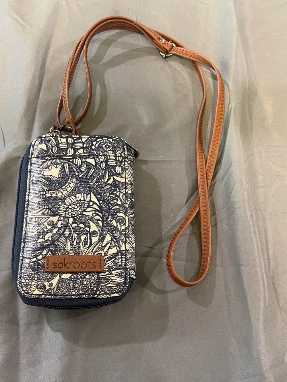 Sakroots Navy Floral Pattern Crossbody with Tan Strap
